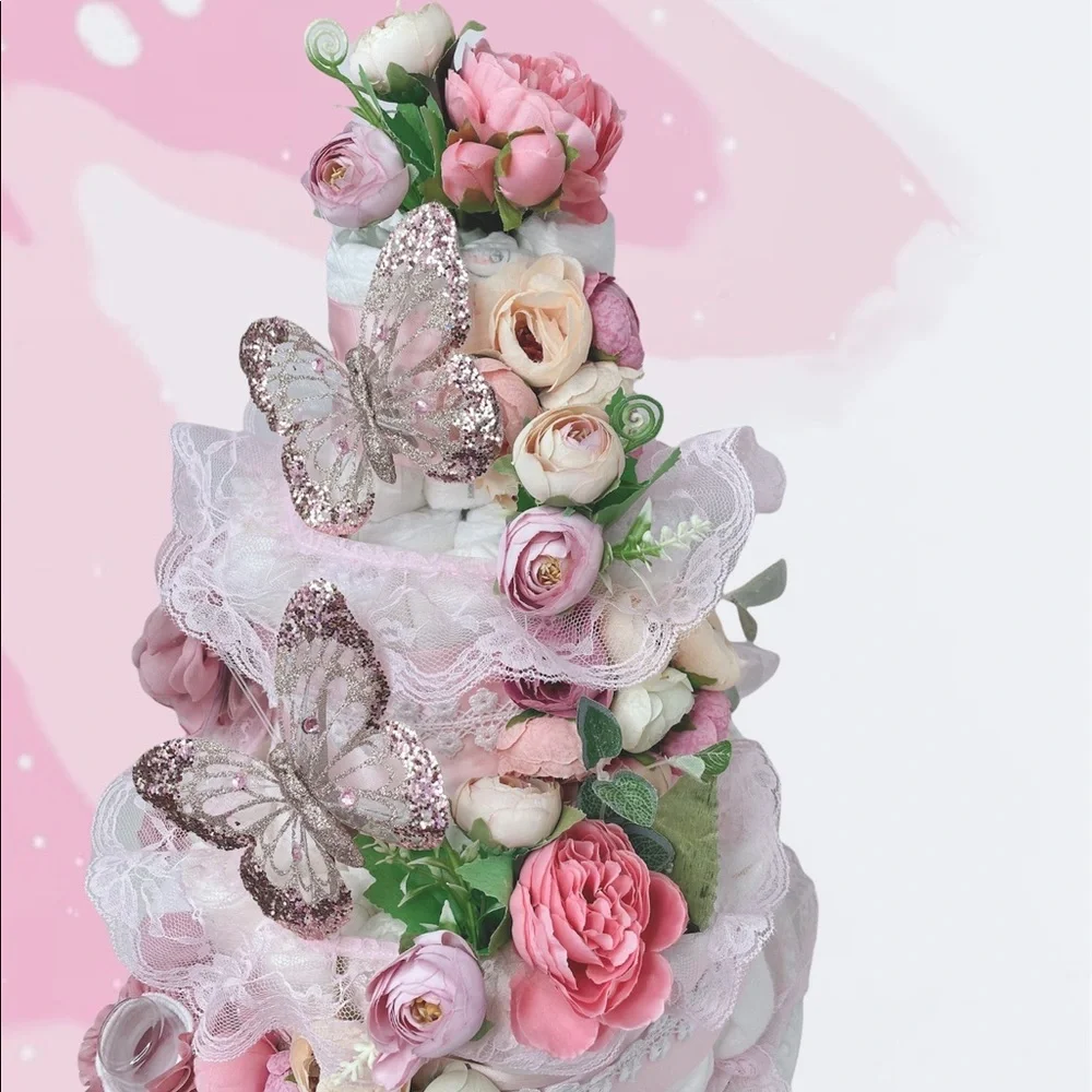 Peonies Diaper Cake, Butterflies Diaper Cake
